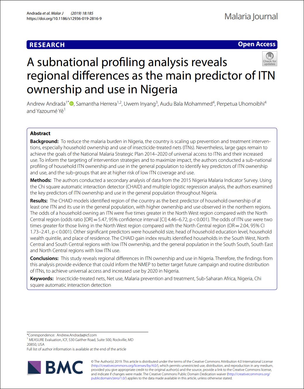 A subnational profiling analysis reveals regional differences as the main predictor of ITN ownership and use in Nigeria