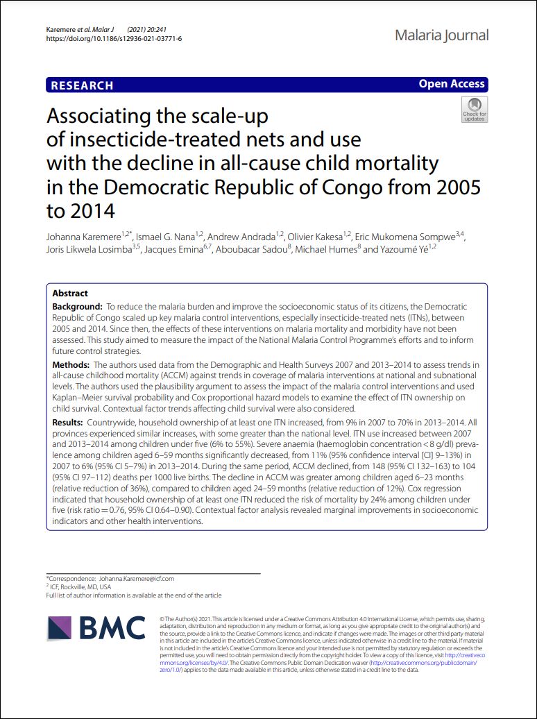 Associating the scale-up of insecticide-treated nets and use with the decline in all-cause child mortality in the Democratic Republic of Congo from 2005 to 2014